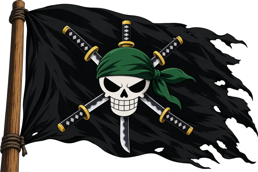 Bandera pirata con calavera, bandana verde y tres katanas