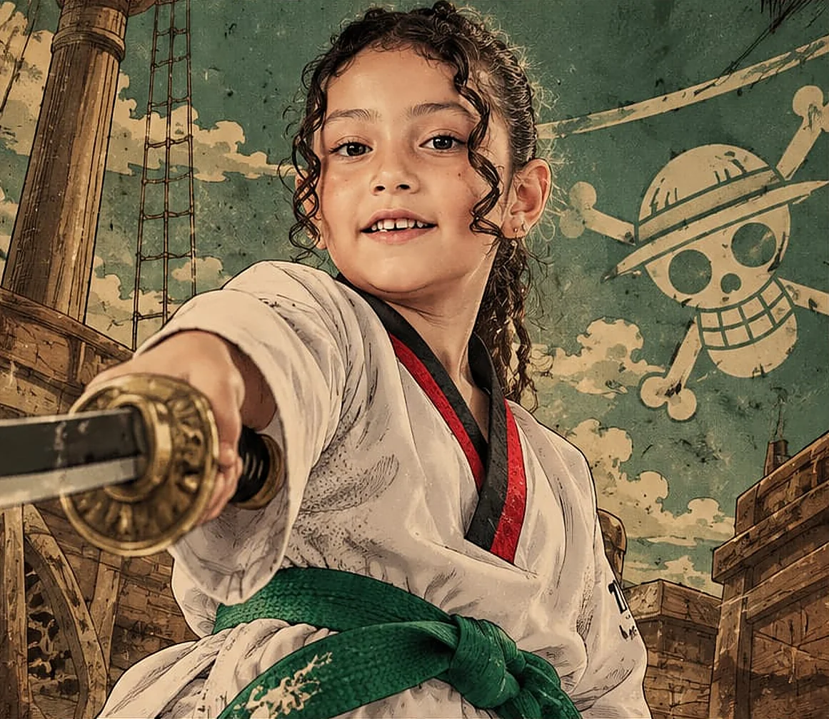 Alyssa con kimono y katana en la cubierta de un barco pirata